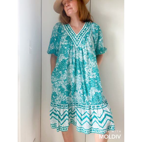 Vintage 80s Ramono Rull Classic Indi Print Summer Dress Size Small Turquoise Wht - Picture 9 of 12